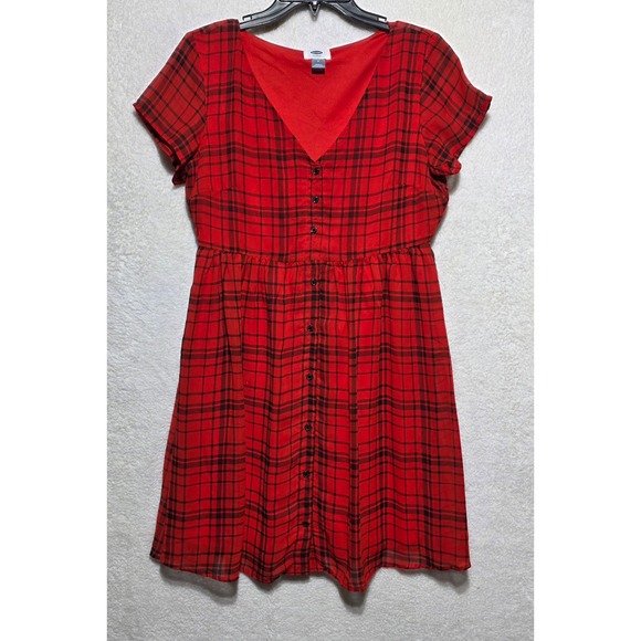 Old Navy Dresses & Skirts - Old Navy Red Black Plaid Button Front V-Neck Short Sleeve Dress Medium M